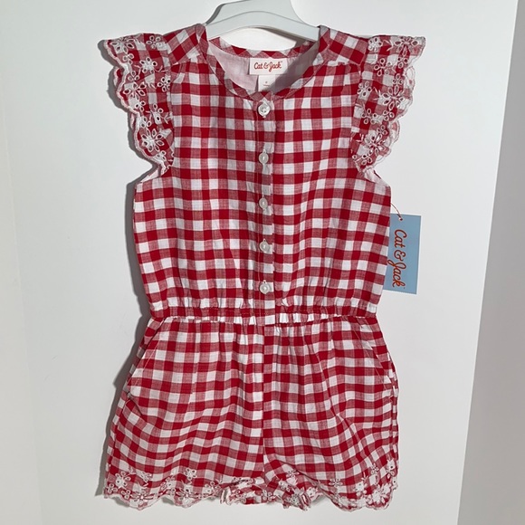 Cat & Jack Other - Toddler Girl’s Red & White Gingham Print Romper w/ Eyelet Detailing and Pockets